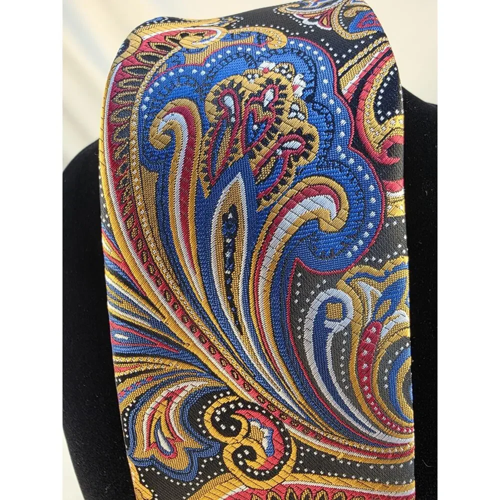 Classic Vintage Men's Tie Bright Paisley Blue Gold 100% Silk Jacquard Woven